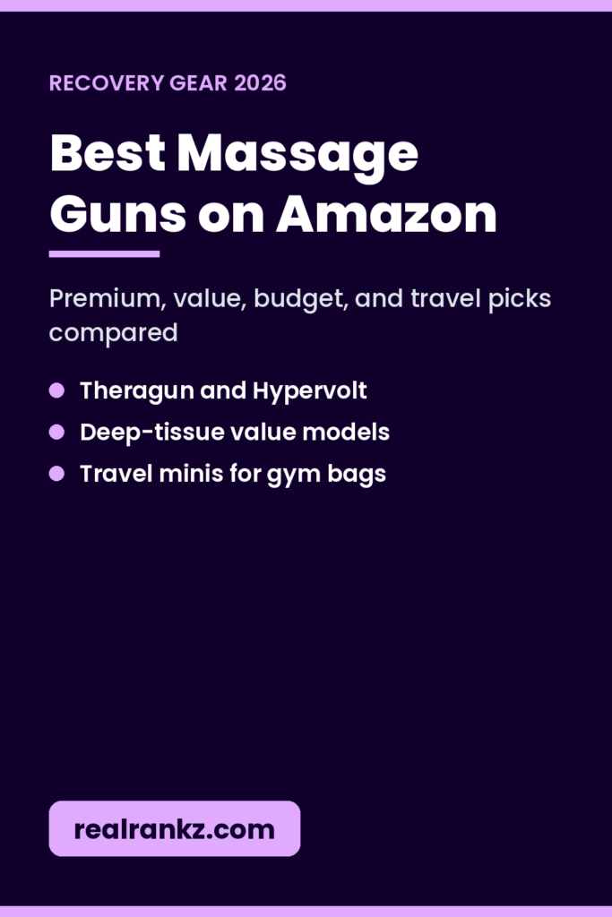 Pinterest graphic for best massage guns on Amazon 2026 recovery guide by RealRankz