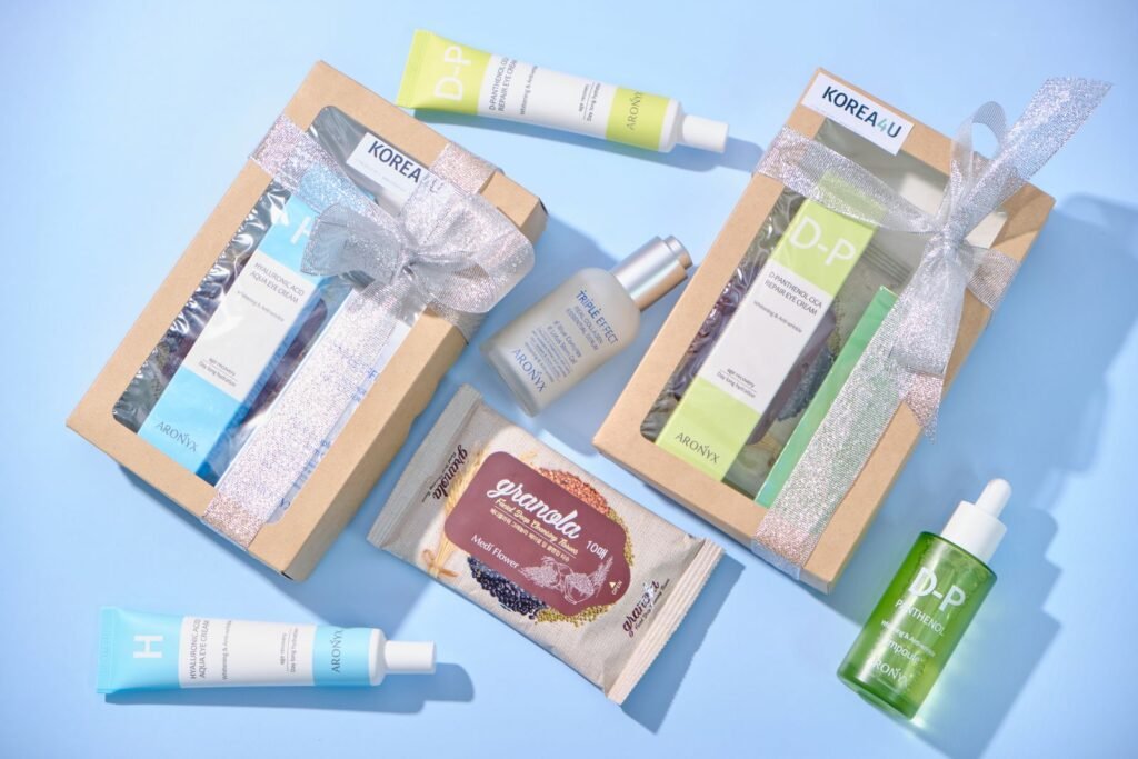 Beautifully arranged skincare gift sets with elegant ribbon packaging