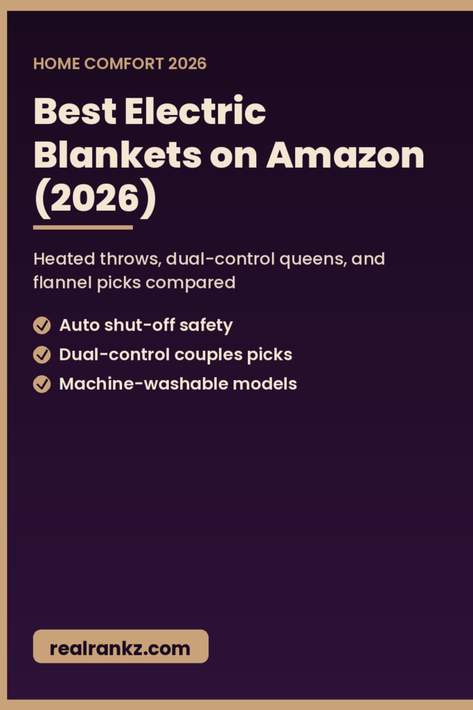 Pinterest graphic for best electric blankets on Amazon 2026 guide by RealRankz