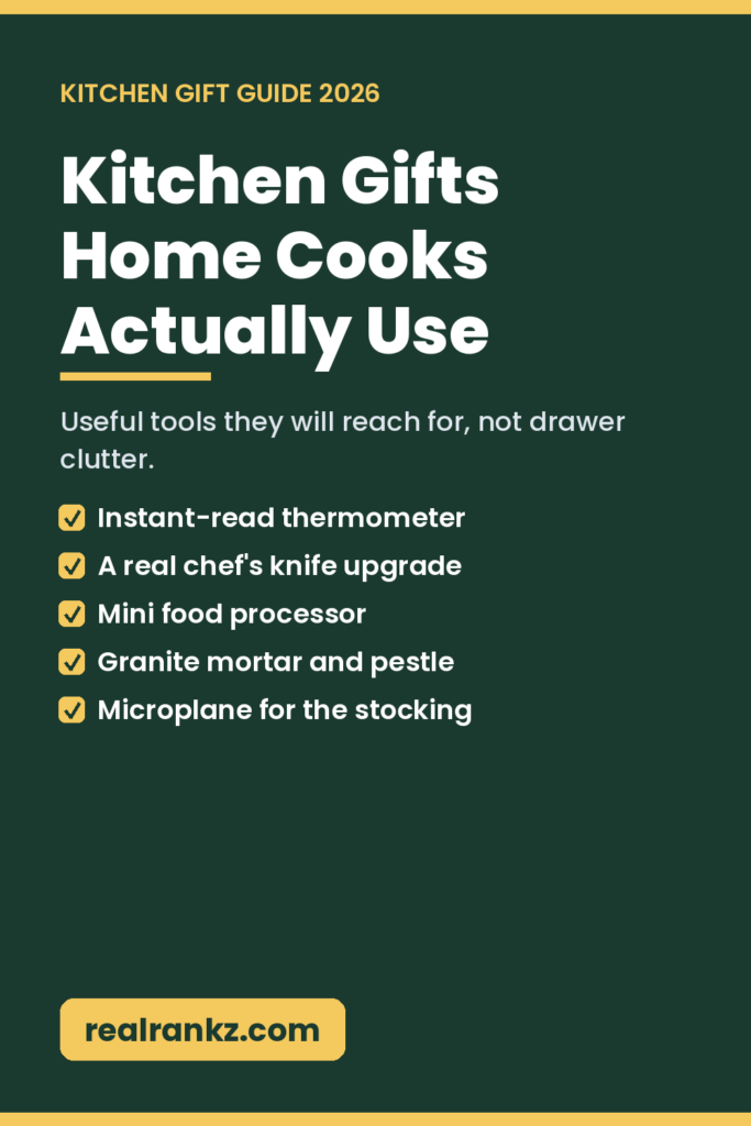 Pinterest graphic for best kitchen gifts for home cooks under 50 guide by RealRankz