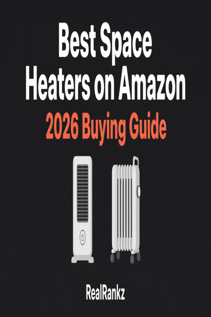 Pinterest graphic for best space heaters on Amazon 2026 guide by RealRankz