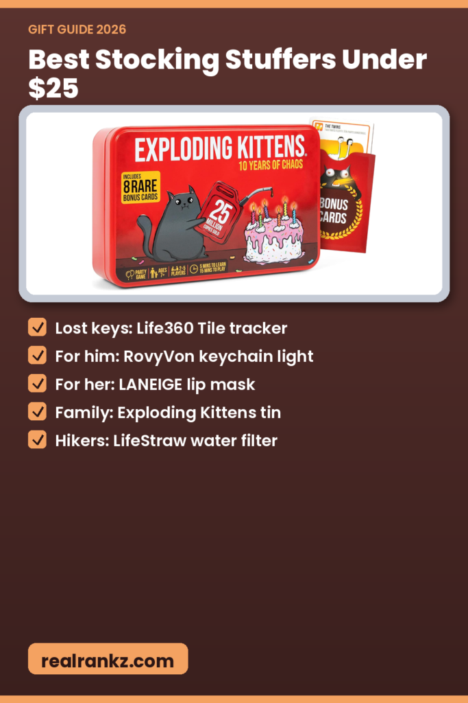 Pinterest graphic for best stocking stuffers under $25 on Amazon guide by RealRankz