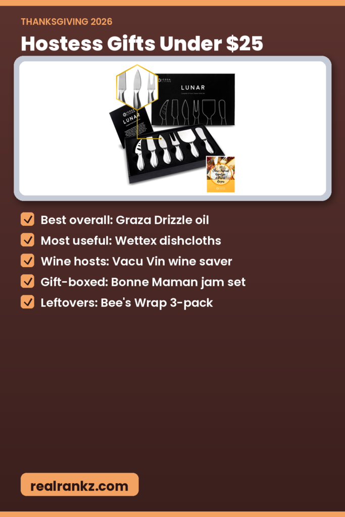 Pinterest graphic for best Thanksgiving hostess gifts under $25 on Amazon guide by RealRankz