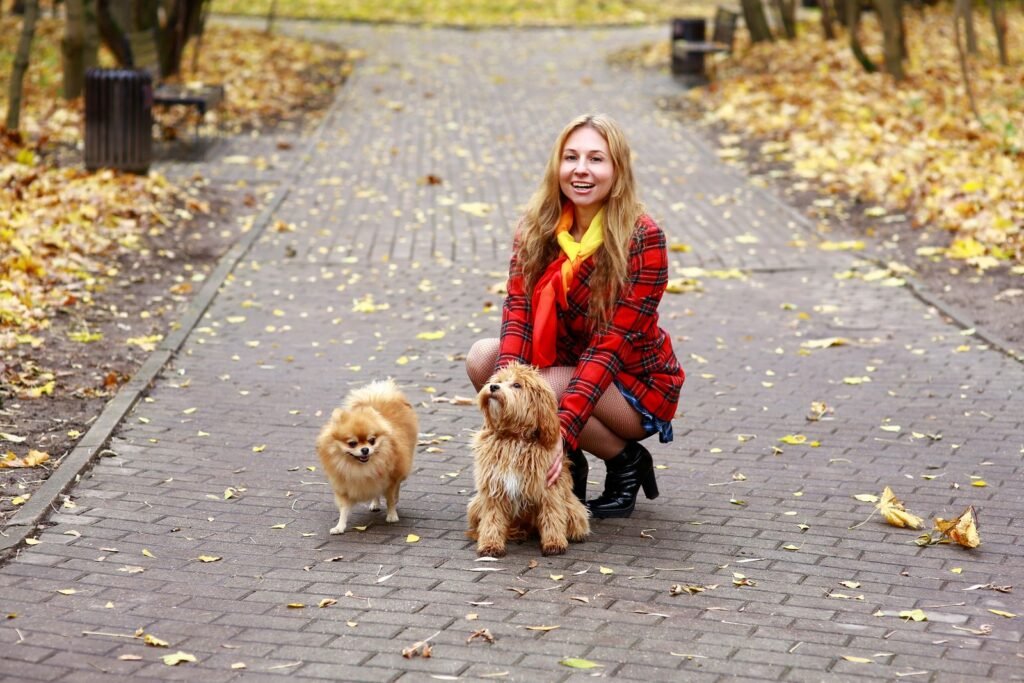 Woman crouching with two small dogs on a leaf-covered path in an autumn park